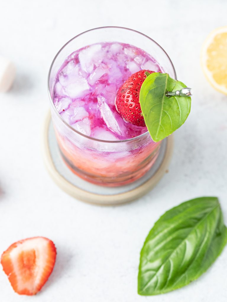 Strawberry Basil and Lemon Gin Color Changing Smash